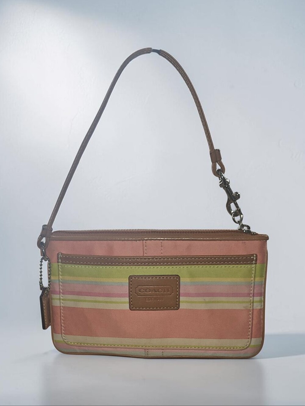 Coach Beach F42621 Y2K Pastel Stripe Large Flat Wristlet Leather Trim